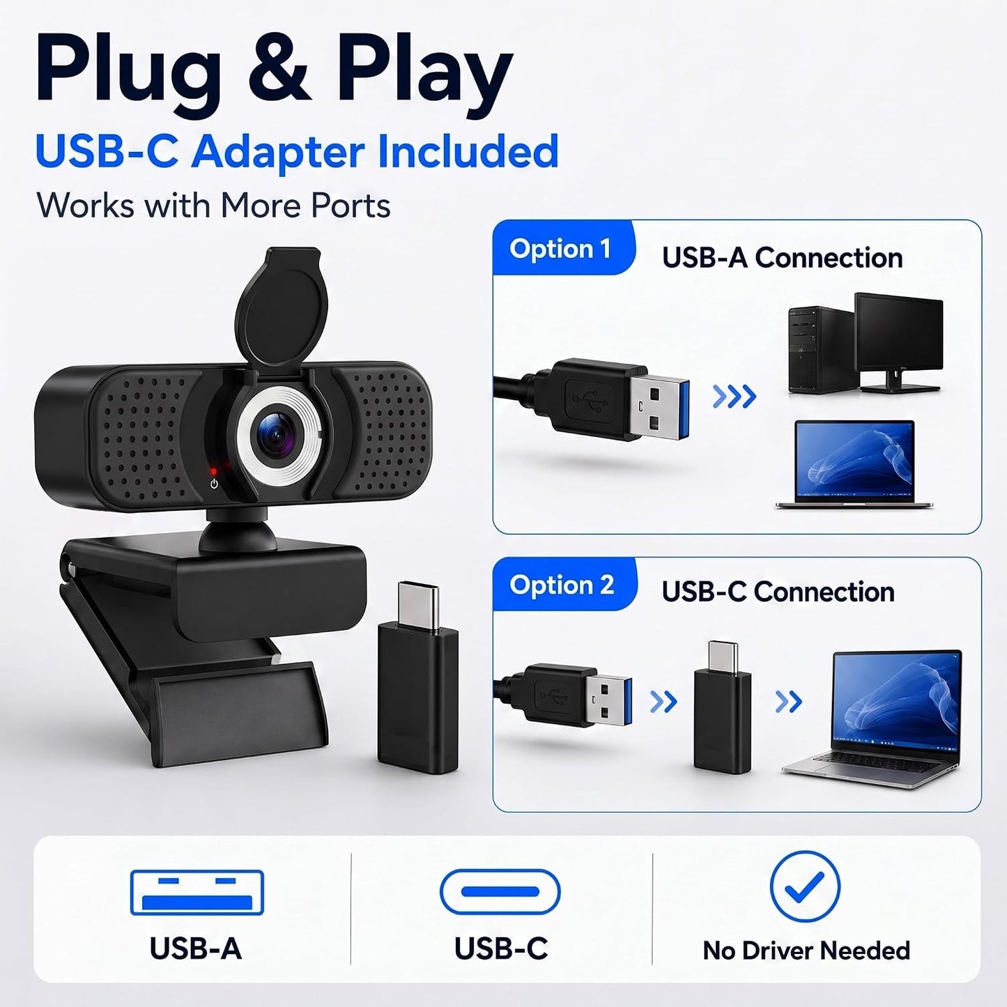 4K UHD Webcam with PDAF Autofocus, Dual Mics, USB-C Adapter, Privacy Cover | 87° view, auto white balance, low-light correction, 360° rotation, 35° tilt, 1.5 m USB-A cable and mini tripod