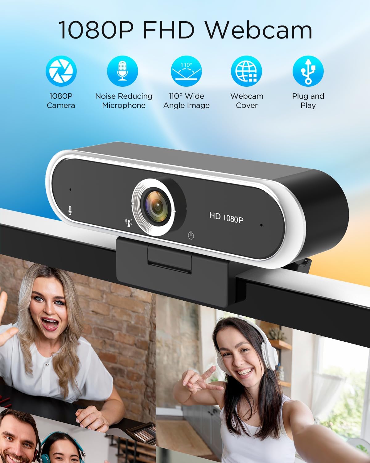 Webcam 1080P with Microphone & Privacy Cover for PC/Laptop, USB Computer Camera Plug & Play with Auto Light Correction for Video Calls, Live Streaming Gaming & Online Meetings