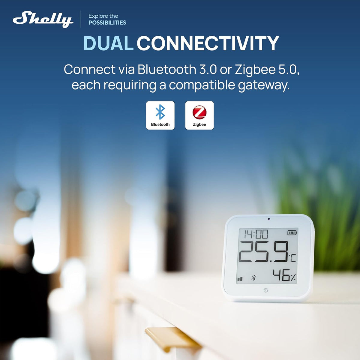 Shelly BLU H&T Display ZB White, Bluetooth & Zigbee Operated Temperature & Humidity Levels Sensor, E-Paper Display, Home Assistant, Alexa, Google Home, Real-Time Monitoring, Long-Life Battery
