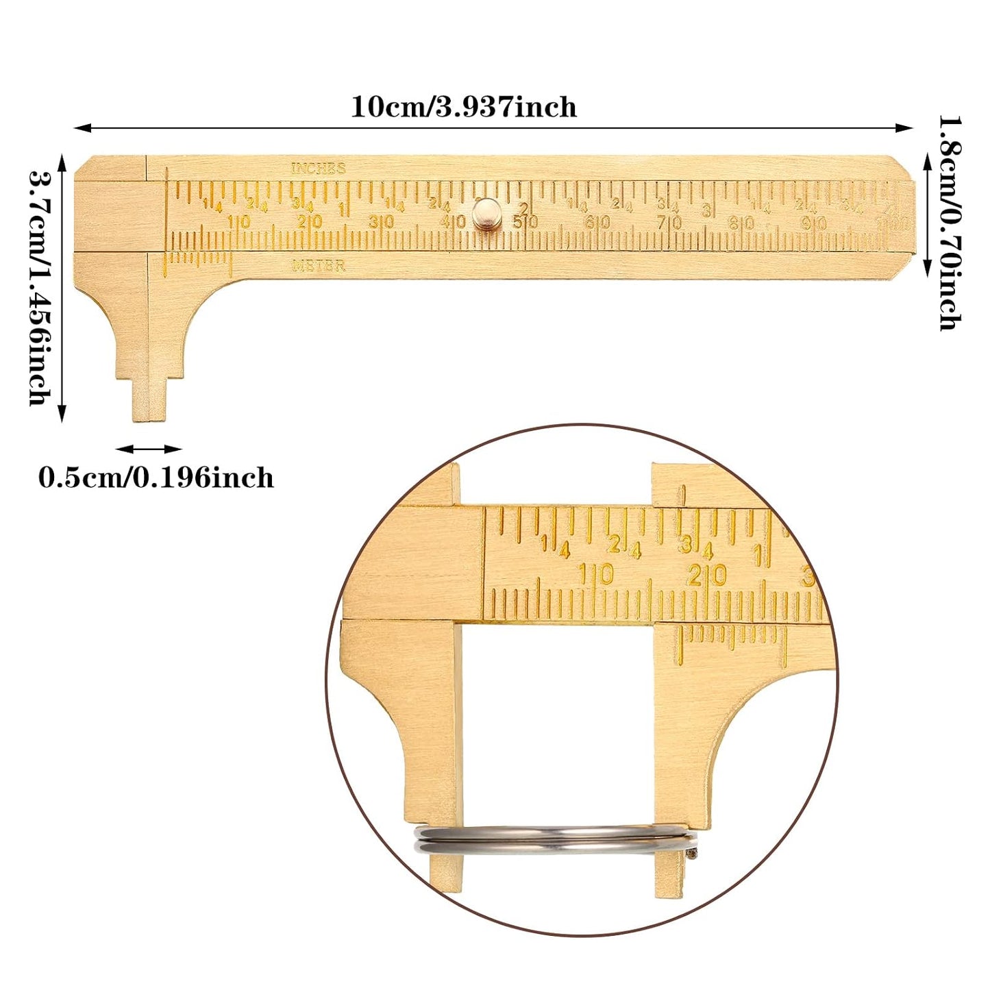 4 Pcs Brass Pocket Caliper Double Scale Mini Tool for Jewelry | Vernier Gauge with Dual Scales, Metal Calipers for Beads Wire Rings, Portable Mini Ruler Measuring Jewels Sizing Crafts
