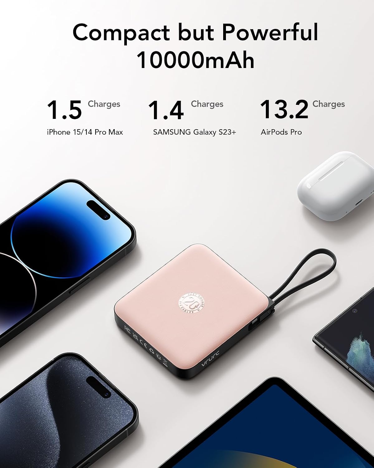 VRURC Portable Charger for iPhone Built-in Cables, 22.5W USB C Fast Charging 10000mAh Pocket Power Bank, Battery Pack for iPhone 17/16/15 & Samsung Galaxy Android Phone, Pink(1 Pack)