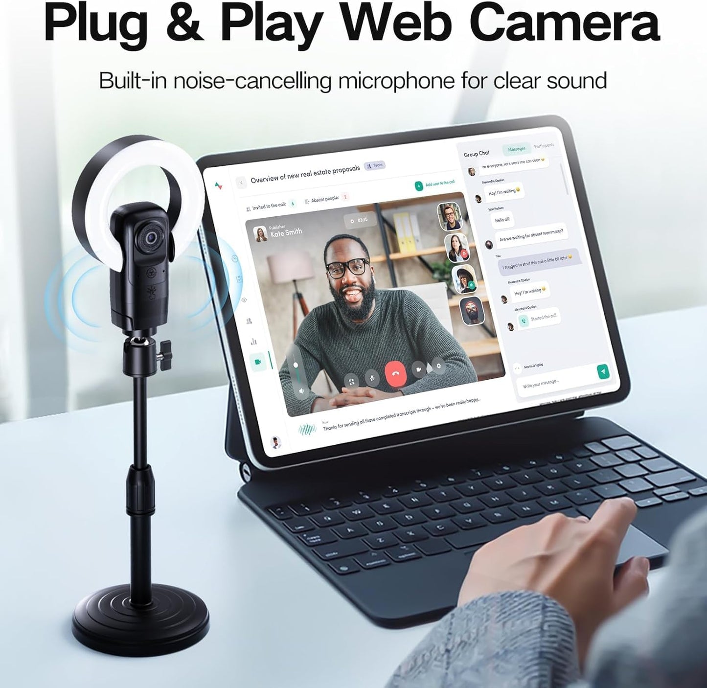 4K Webcam with Light, Web Camera with Microphone, Plug and Play, USB HD Computer Web Cam, Auto-Focus, 73°FOV PC Camera for Zoom Skype Teams, Desktop, Black