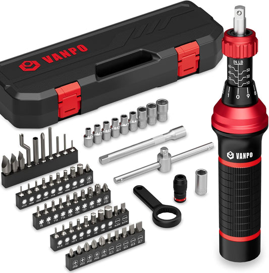 VANPO Torque Screwdriver, 10–60 in-lb, 64 Pieces, Click Style for Gunsmith | 1/4" Drive Torque Wrench Screwdriver Set with S2 Bits, Sockets and Storage Case for Electronics, Bike & Home DIY