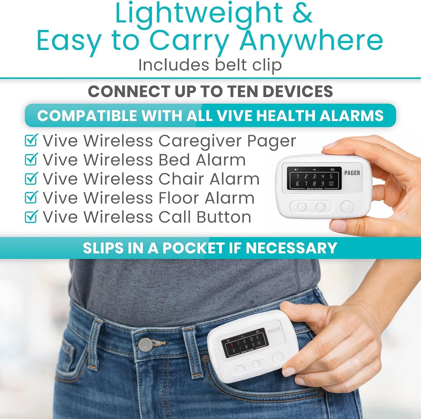 Vive Wireless Caregiver Pager - Nurse Alert for Dementia Patients - Smart | Portable Medical System for Caretaker - Connects to Call Button, Door, Window, Bed, Chair, Floor Alarm Pads