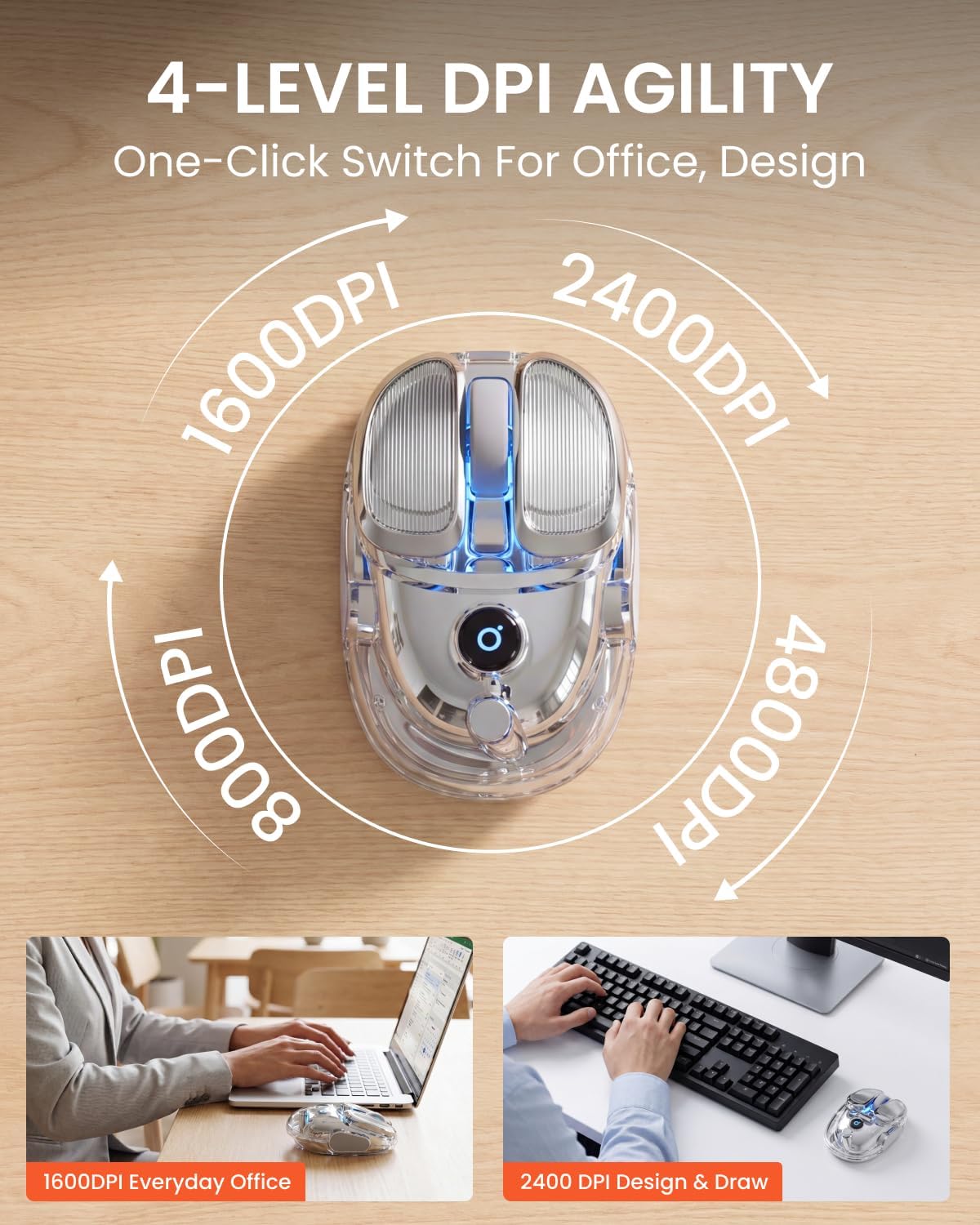 SEUNKWANG Q9 Transparent Wireless Mouse with RGB Lighting, Compact Multi-Device Bluetooth &amp; 2.4G Computer Mouse, Rechargeable, Quiet Clicks, 4800 DPI Cute Mice for Laptop, PC, Mac, iPad - Silver