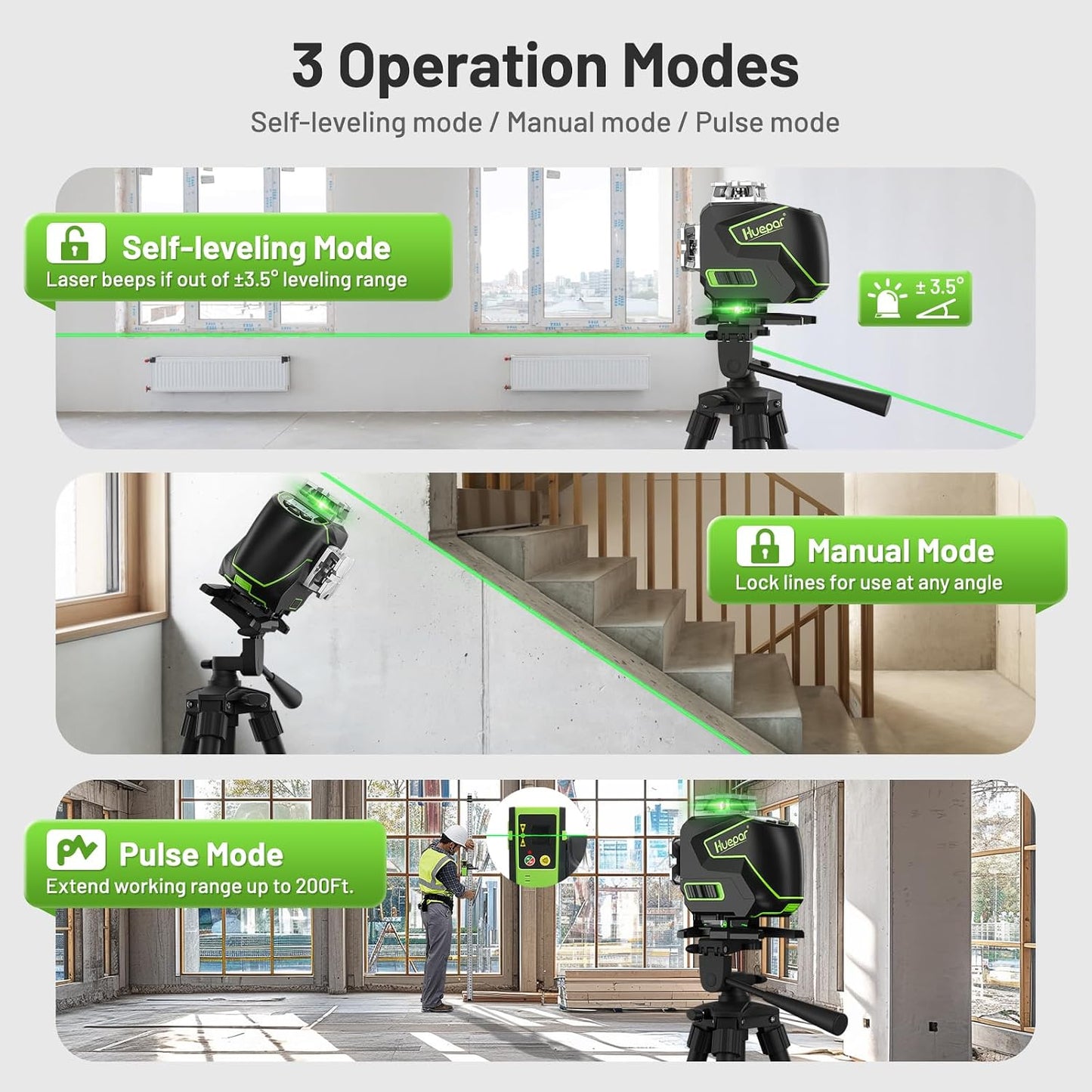 Huepar Laser Level 360 Self Leveling, S04CG 4x360° Green 4D Cross Line Laser with LCD Screen, Bluetooth Outdoor Pulse Mode, Remote Control, Rechargeable 16 Lines Laser Tool for Construction/Tile/Floor