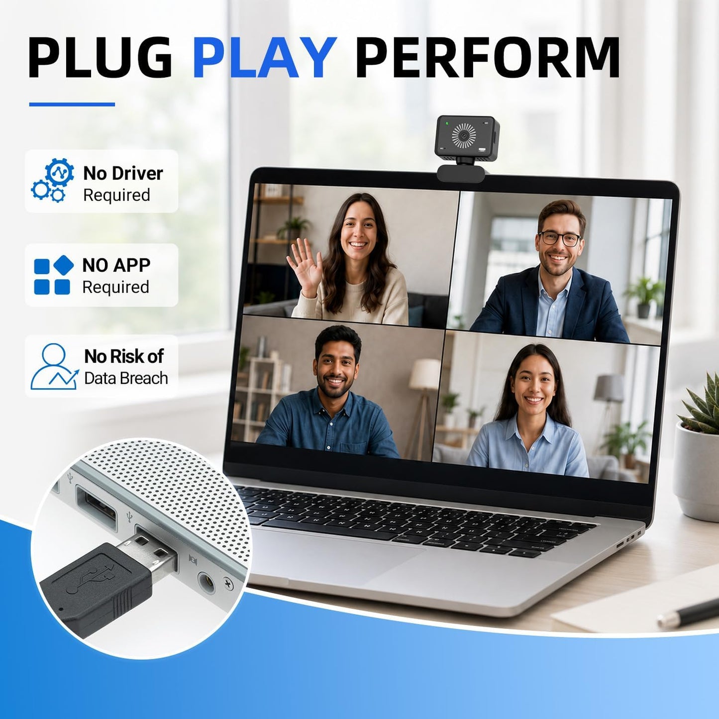 Webcam for PC, 1080P Full HD USB Webcam with Privacy Cover & Built-in Microphone, Plug and Play Computer Web Camera for Video Conference Online Class Live Streaming Video Calling (1080P)
