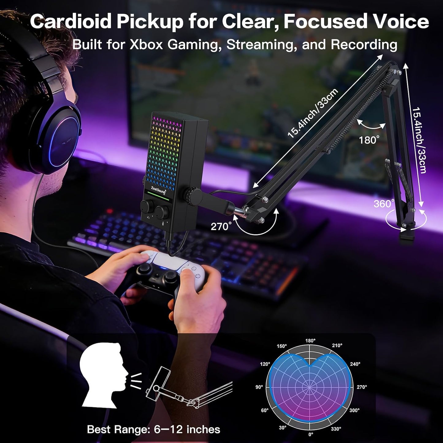 ZealSound Gaming Microphone for Xbox with Boom Arm, USB Microphone for PC Mac iPhone & Android, Noise Reduction, One-Tap Mute, Gain Control, Zero-Latency Monitoring for Gaming, Streaming, Podcasting