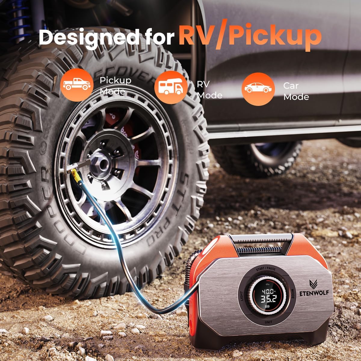 ETENWOLF VORTEX S6 Tire Inflator Portable Air Compressor, Cordless Air Pump | with 19200mAh for Heavy-duty Vehicle, Car & Inflatables-100% Duty Cycle & Dual Cylinder-Bike Pump-LED Backlight, Vivd Orange