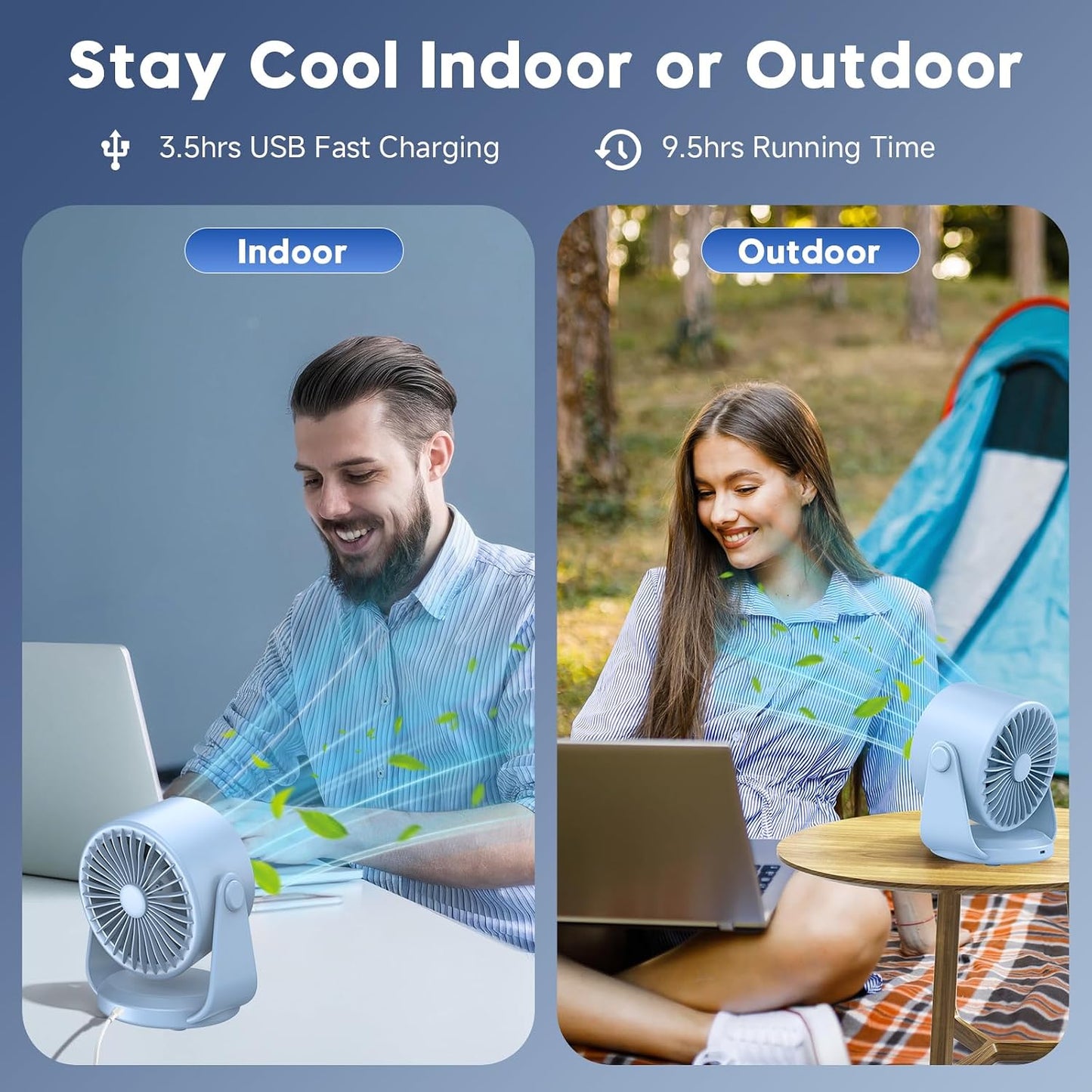 YOSHENMO Desk Fan, Turbo Table Fan for Bedroom, 100-Speed Digital Display, Low Noise, 105° Adjustable Tilt, 7.5-inch, Rechargeable Battery, Wall-Mouted Design for Home, Office, Travel Blue
