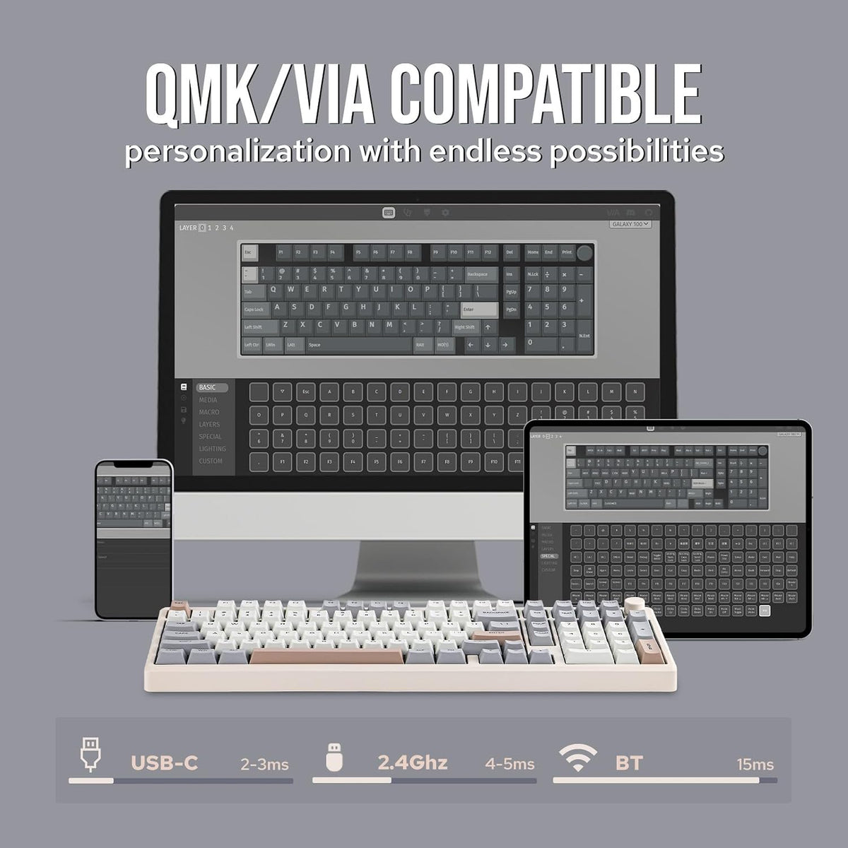 EPOMAKER Galaxy100 QMK/VIA Wireless Gaming Keyboard, Aluminum Shell, BT/2.4Ghz/USB-C, Pre-Lubed Hot-Swappable Linear Switches, NKRO, RGB Backlit (Creamy White, Marble White Switch)