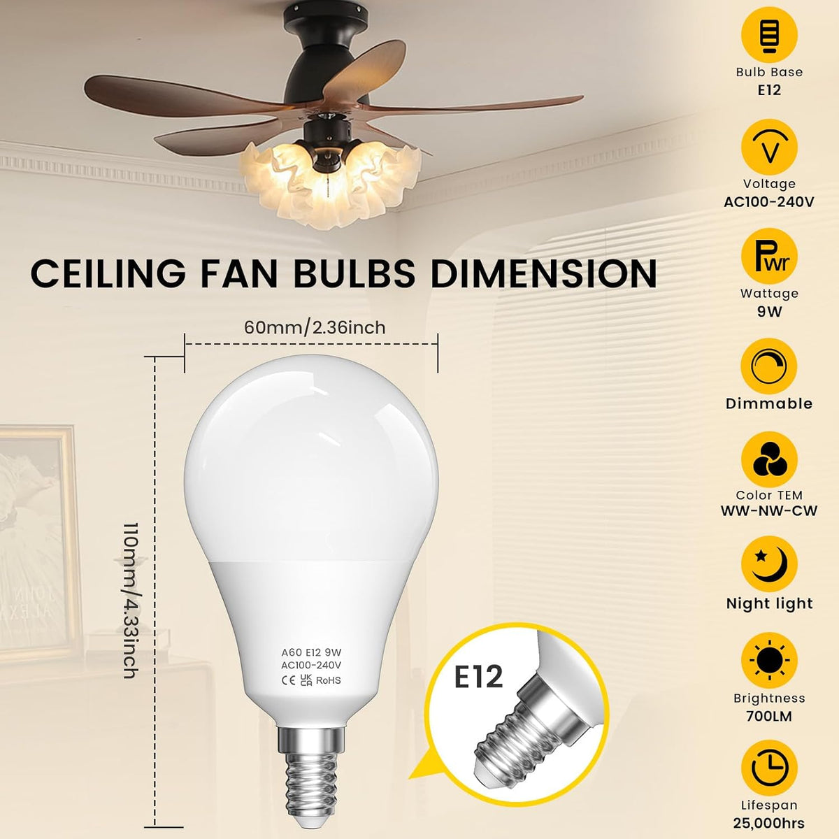 E12 LED Candelabra Light Bulbs 9W, 3 Bulb & 1 Remote