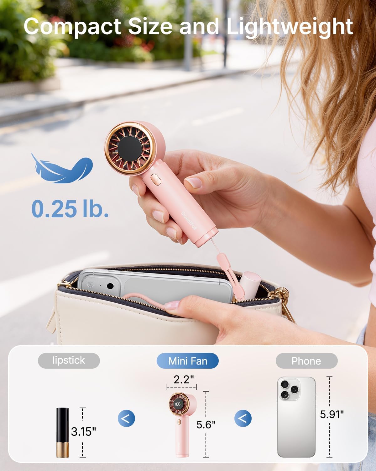 SWEETFULL Portable Handheld Fan, Mini Rechargeable Personal Hand Fan | Strong Airflow, Pocket-Sized, Up to 12H, 5 Speeds, Quiet Cooling Travel Essentials, Cute Gifts for Women, Girls, Lash, Makeup
