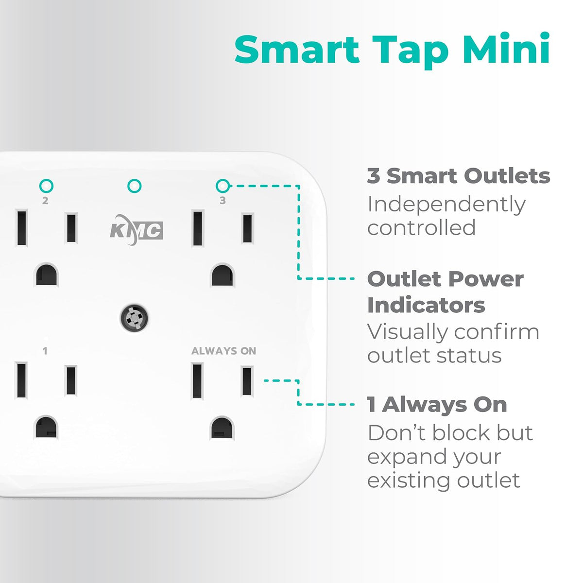 KMC Smart Tap Mini 4-Outlet Wall Mounted Multi Plug Adapter, 3 Independently Controlled Wi-Fi Smart Outlets, Compatible with Alexa & Google Assistant, No Hub Required