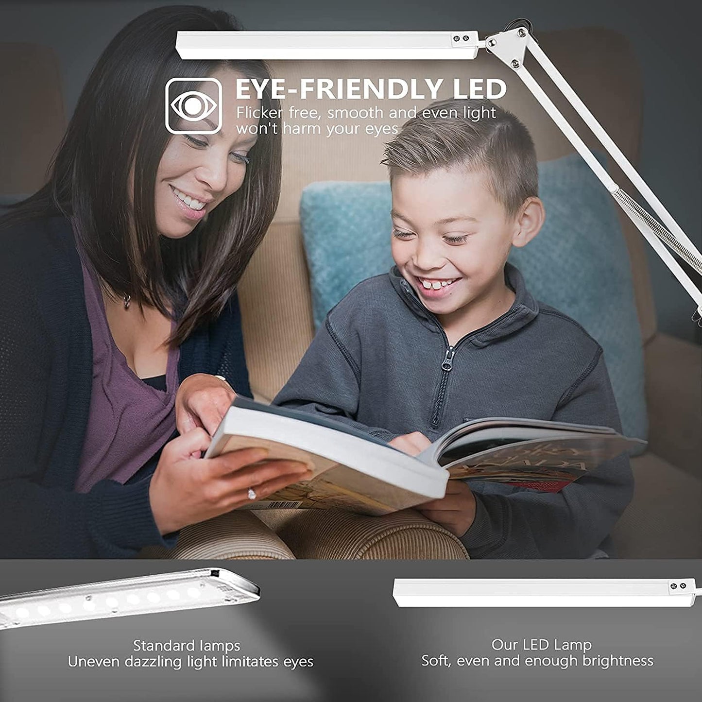 LED Desk Lamp, Manicure Table Lamp, 16" Lamp Head, Dimmable Eye-Caring Drafting Light with 3 Color Modes, 10 Brightness Levels & Adapter, Memory Function(White)