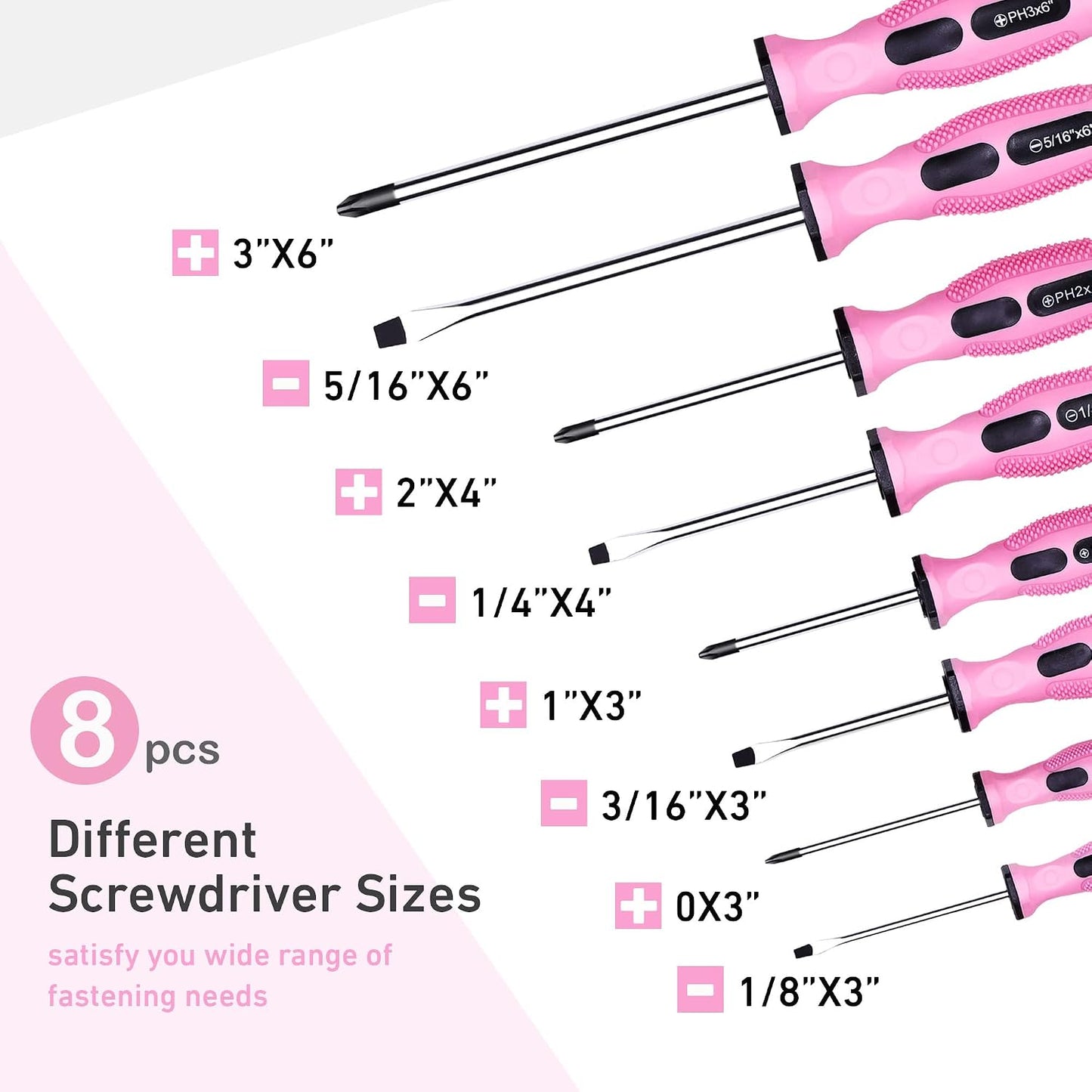 FASTPRO 12-Piece Pink Magnetic Screwdrivers Set with Storage Bag | 4 Phillips & 4 Slotted Tips, 4 Precision Screwdrivers, CR-V Steel, Ergonomic Handles, Home Repair Tool Kit for Women