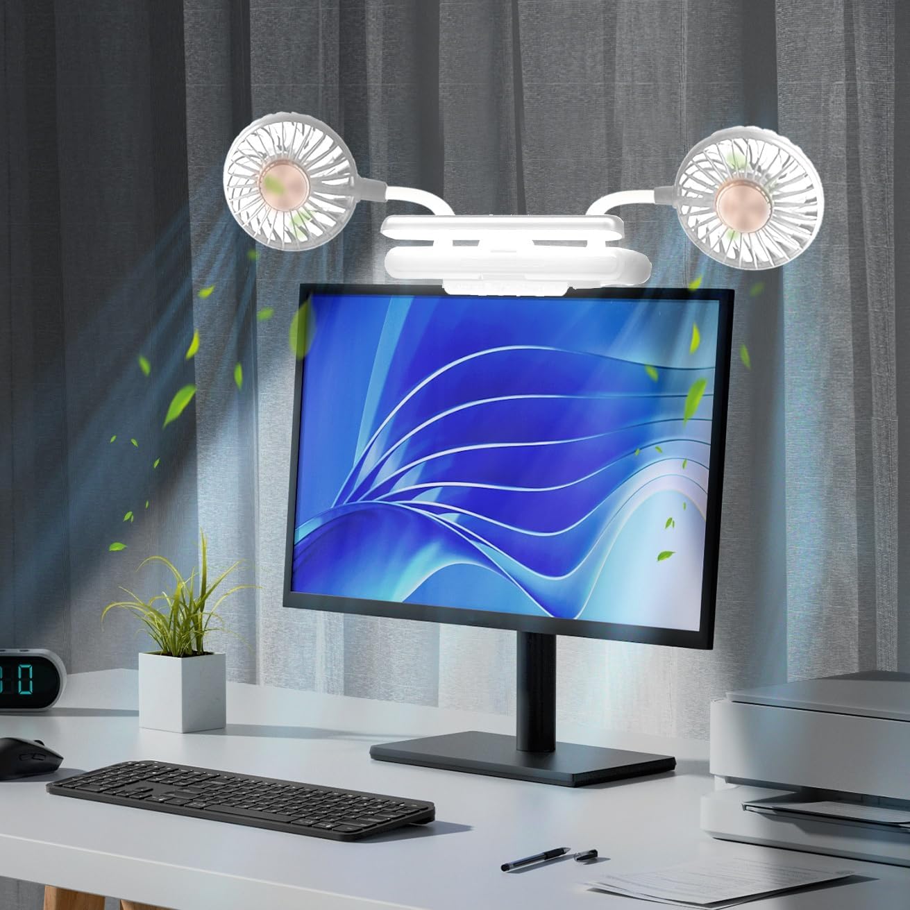 Clip Fan USB-Powered Cooling Fan with LED Light Bar Glacier Silver | Space-Saving Personal fan for Monitor/Laptop/Flat/Bedside/Bookshelf/Music Stand/Reading Stand