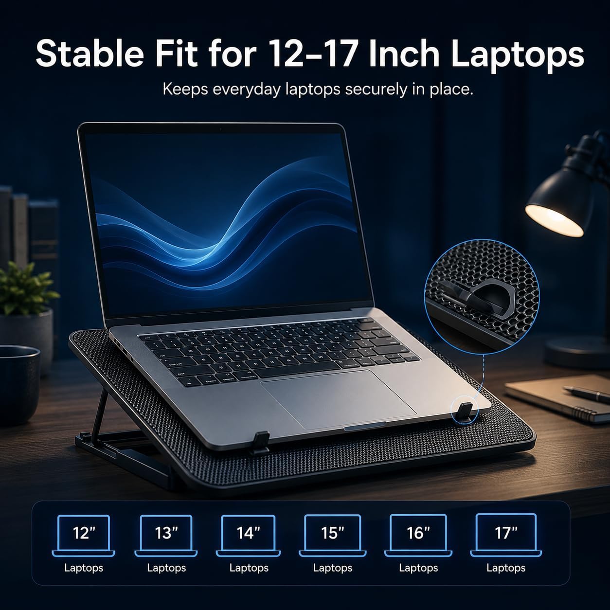 Rappet Laptop Cooling Pad, 6 Fans, 4-Level Stand, Dual USB, 12-17 Inch | Cooling and ergonomic support for 12-17 inch laptops, ideal for home offices, study spaces and daily work.