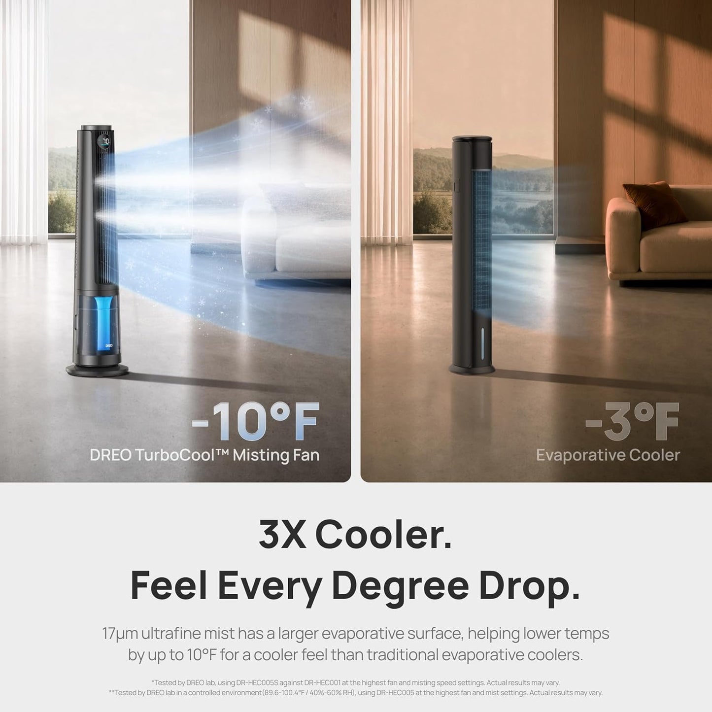 DREO TurboCool Misting Fan 765S, Fans that Blow Cold Air, 10°F Cooling Fan | 34ft/s Fast Evaporative Air Cooler, 6L Tank, 20 dB Quiet DC Motor, 90° Tower Fan with 12 Speeds, 4 Modes for Home, Grey