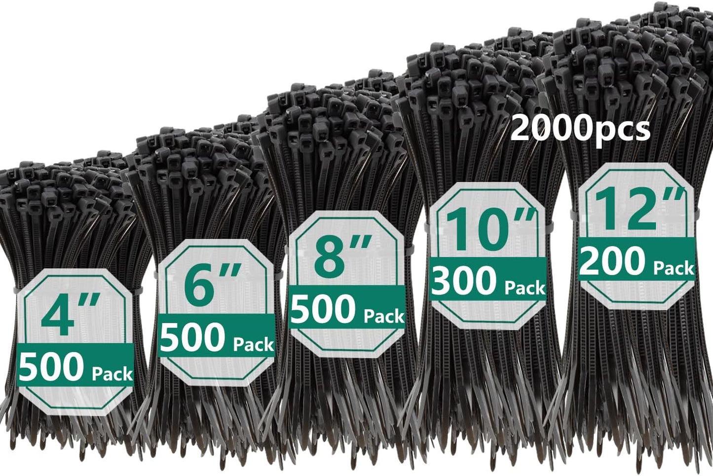 2000 PCS Zip Ties Assorted Sizes 4+6+8+10+12 Inch Self-locking Nylon Cable ties Outdoor, UV Resistant Wire Straps for Home Office Garden Workshop Indoor Outdoor Fence(Black)