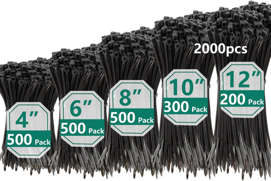 2000 PCS Zip Ties Assorted Sizes 4+6+8+10+12 Inch Self-locking Nylon Cable ties Outdoor, UV Resistant Wire Straps for Home Office Garden Workshop Indoor Outdoor Fence(Black)