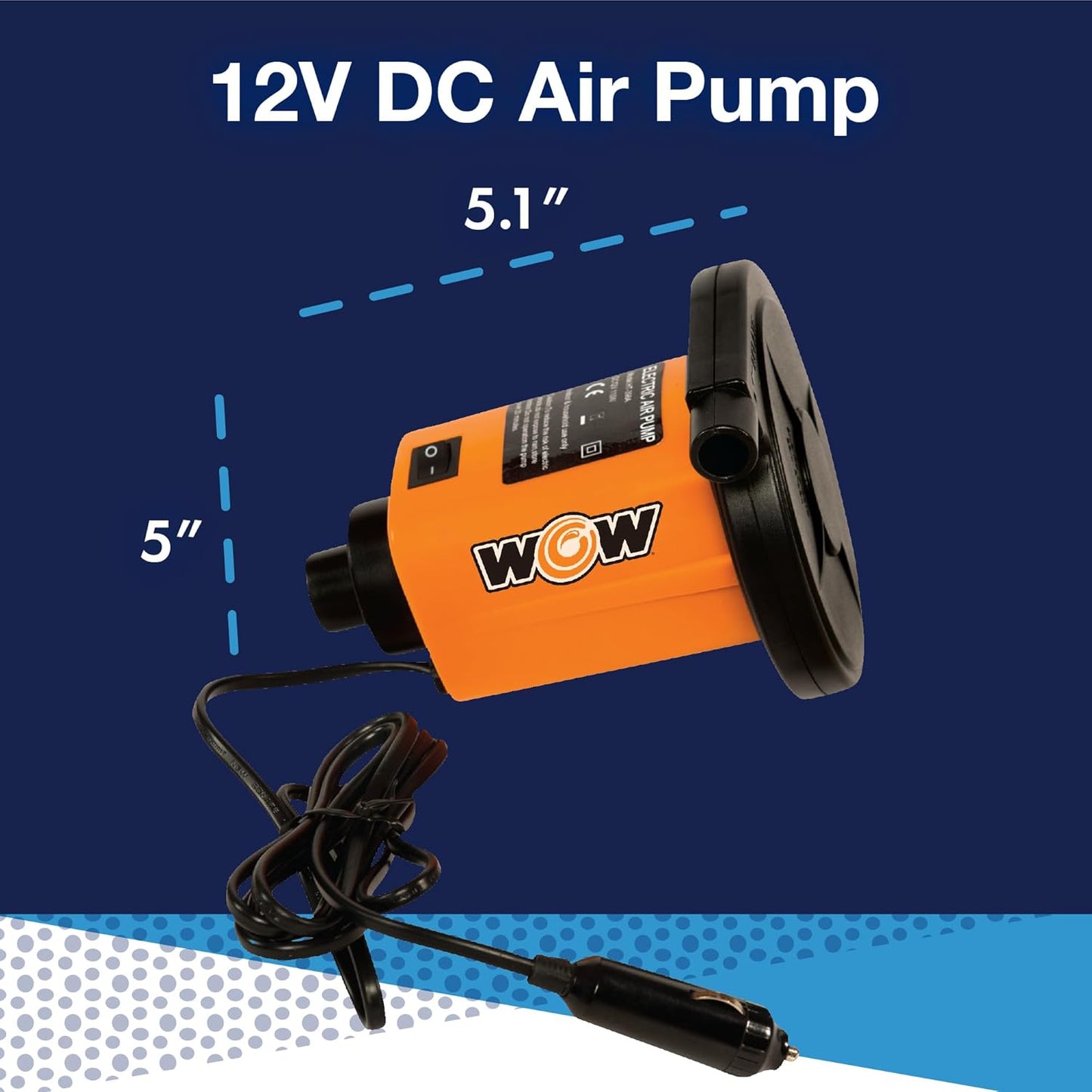 WOW Sports Electric Air Inflator, Air Pumps for Inflatables, Towables and Others, Comes with DC Power Adapter and Cord, 1.0 PSI | A 12V DC air pump for towables, pool floats, and air mattresses.