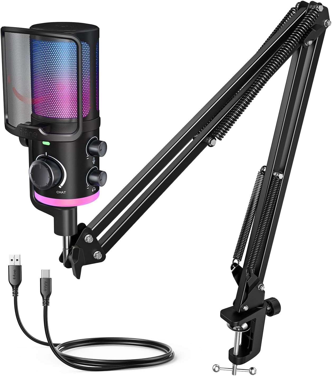 FIFINE AmpliGame AM6T Gaming USB Microphone Kit, Condenser Mic for PC/PS5 | Noise Cancellation, ChatMix Dial, Quick Mute, RGB Control, Gain Knob, Boom Arm, Monitoring, for Streaming Twitch Podcast