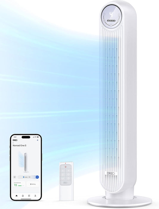 DREO Smart Tower Fan for Bedroom, 28ft/s, 20dB Ultra Quiet Fan, 8 Speeds | 2026 Upgraded DC Motor, 90° Oscillating Floor Fan, WiFi Voice Control, 4 Modes 8H Timer, Bladeless Standing Fans with Remote