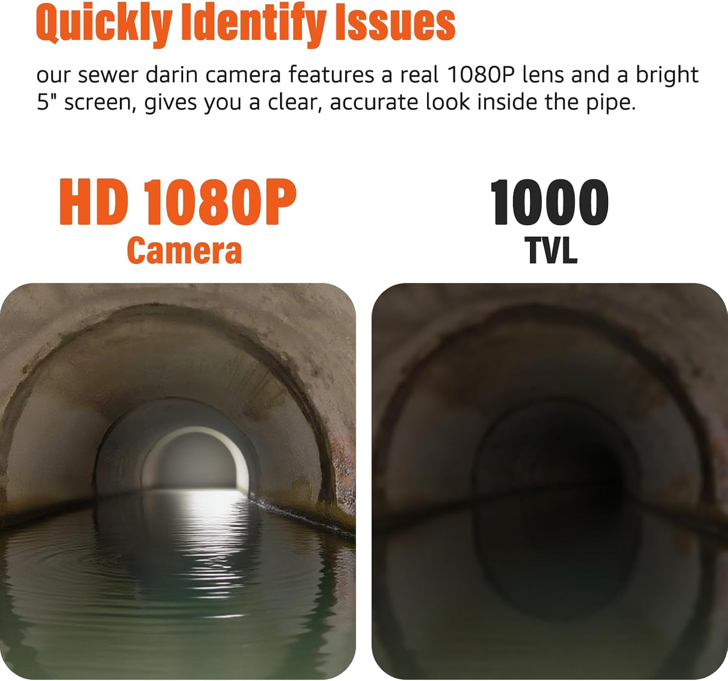 Sewer Camera 100FT, 5'' HD 1080P w/DVR-32GB Pipe Inspection Camera 5000mAh | Drain Camera IP68 Waterproof Snake Plumbing Tool with Lights 100FT Marked Cable Borescope with Lights 6 LED Plumbing Cameras