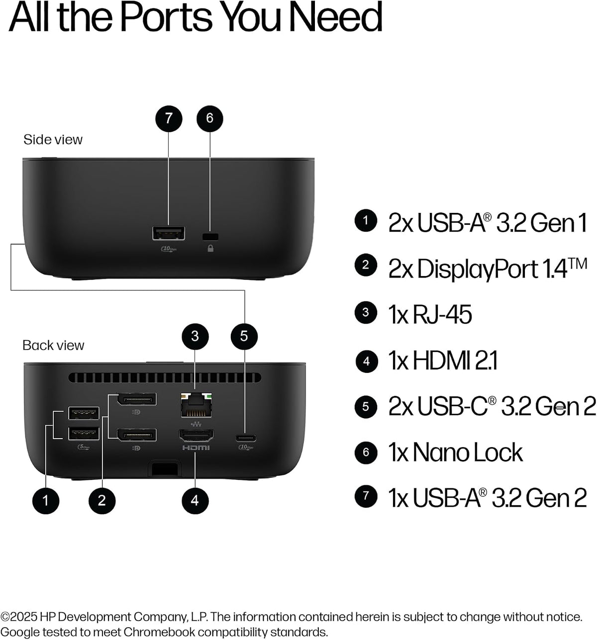 HP USB-C 100W G6 Dock (9X3V1U) - for Display Screen, Notebook - Charging Capability - 120 W - USB Type C - 5 x Ports - 3 x Type-A Ports - -A - 2 - - - - 1 RJ-45 - Network (RJ-45) - 1 HDMI - HDMI - 2 D