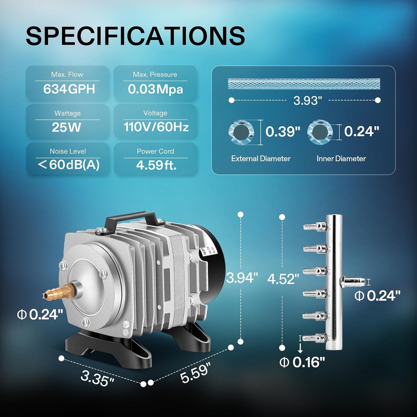 VIVOSUN 634GPH Aquarium Air Pump Commercial Air Pump with Aluminum Housing | 6 Outlet 25W 25L/min, Fish Tank Bubbler Pond Aerator for Aquariums, Ponds, Hydroponics