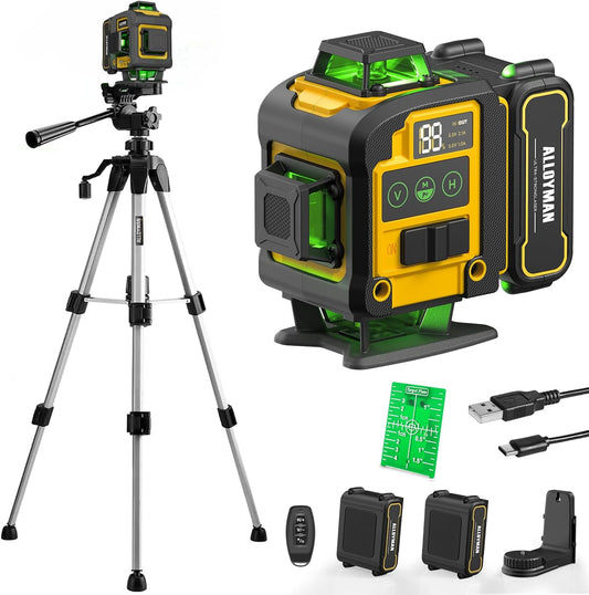 Alloyman Laser Level with Tripod, Laser Level 4× 360° Self Leveling | Green Line Lazer Leveler Tool with with 2Pcs Lithium Batteries, Ideal for Picture Hanging, Tile, Home Renovation, Indoor
