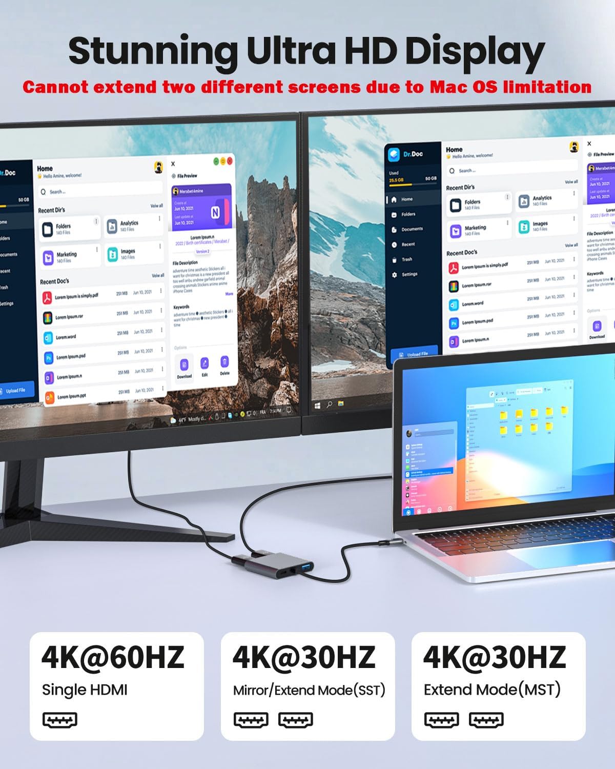 USB C to Dual HDTV Adapter, Fophmo 4K@60Hz HDTV Splitter Extend Display for Dual Monitors, macOS Only Allows Mirror Mode, Windows Allows Multi-Monitor Display 3 Separate Screens for 100W PD,USB-A Port