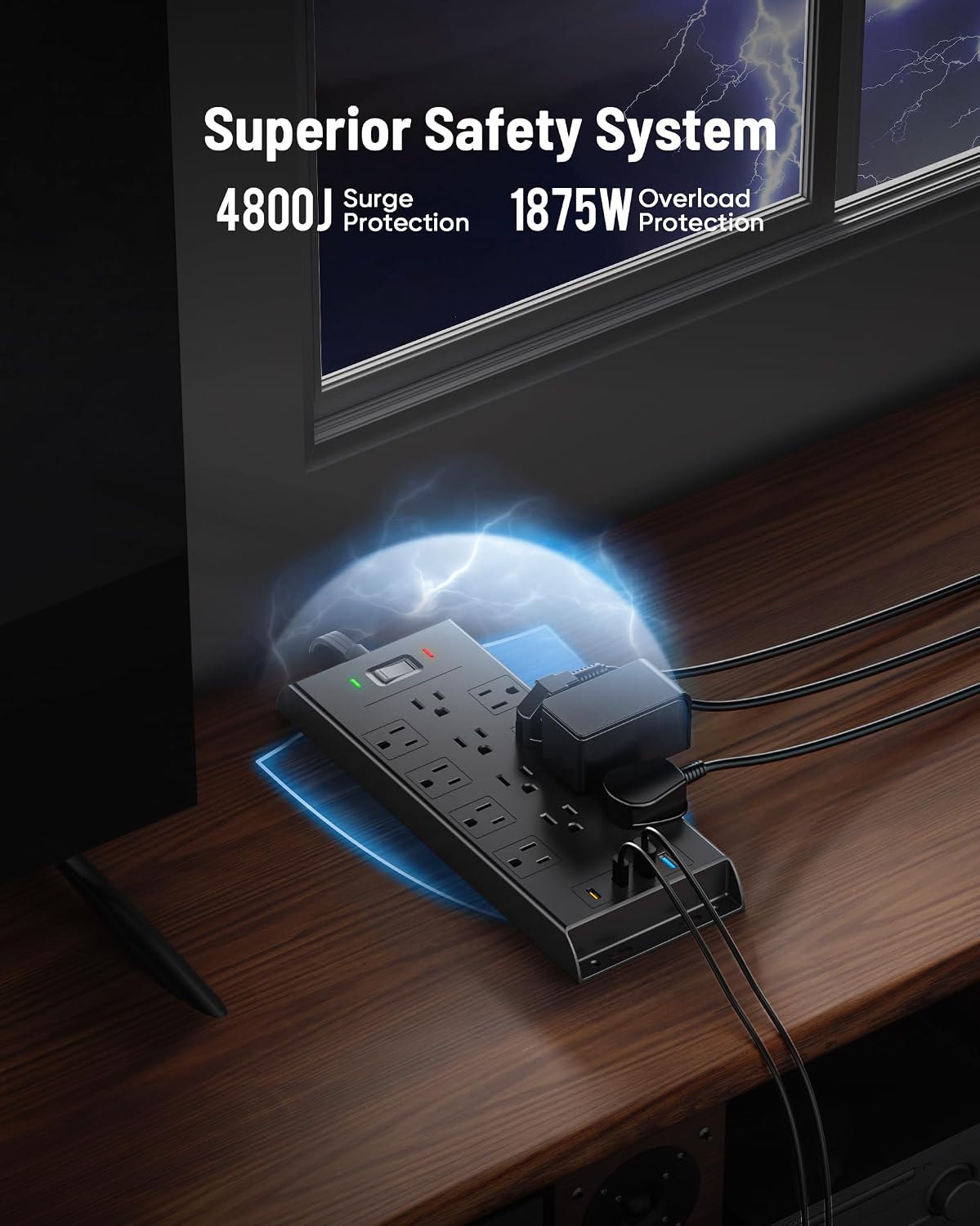 Surge Protector Power Strip 4800J, LeZone 10Ft Long Extension Cord Flat Plug, 12 Outlets 2 USB C 2 USB Ports, Wall Mountable, Desk Charging Station, Black
