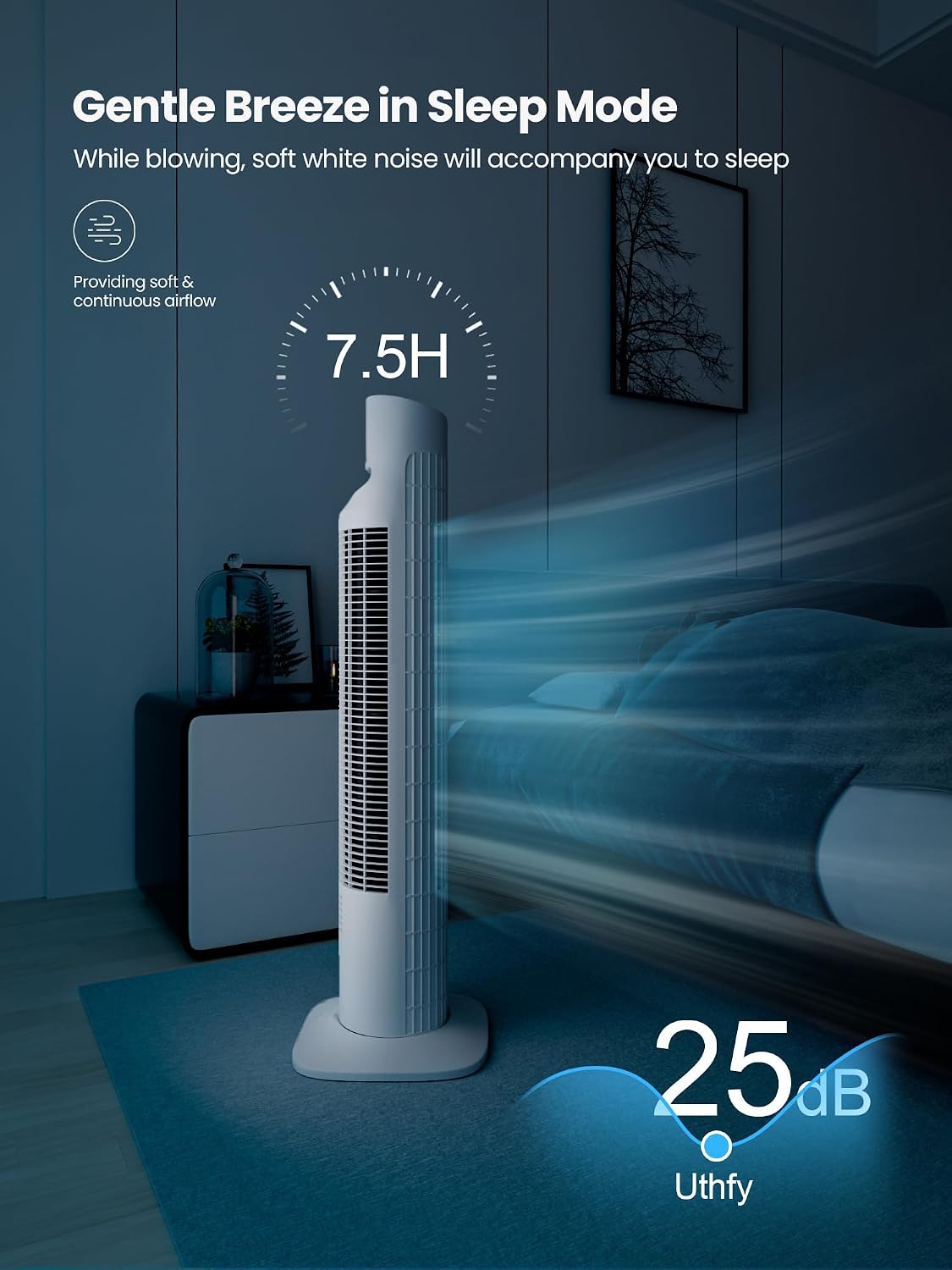 Uthfy Tower Fan with Remote, Portable 120° Oscillating Standing Fan, 3 Speeds & 3 Modes, 7.5H Timer, Fans That Blow Cold Air for Bedroom, Living Room, Office, White