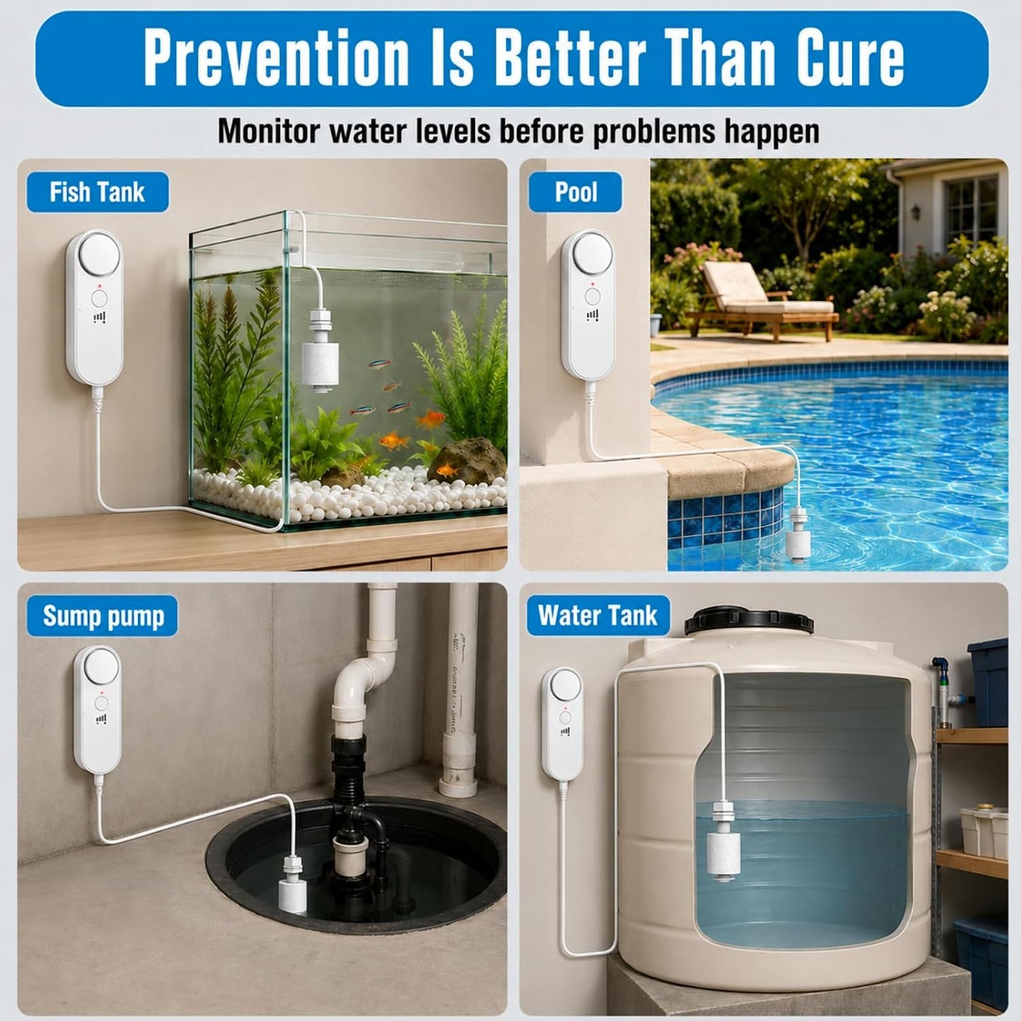 DAYTECH Water Level Sensor, 100 dB High or Low Sump Pump Alarm, 79in Cable | Battery powered, no WiFi required, adjustable volume, low battery reminder, tanks, aquariums, pools and cisterns