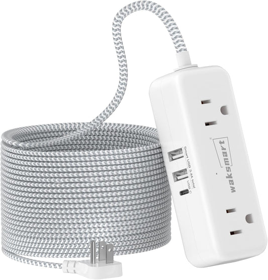 Flat Plug 25 FT Extension Cord with 4 AC Outlets | Long Braided Extension Cord, 3 USB Ports (5V/3.4A 17W) for Home Office Dorm