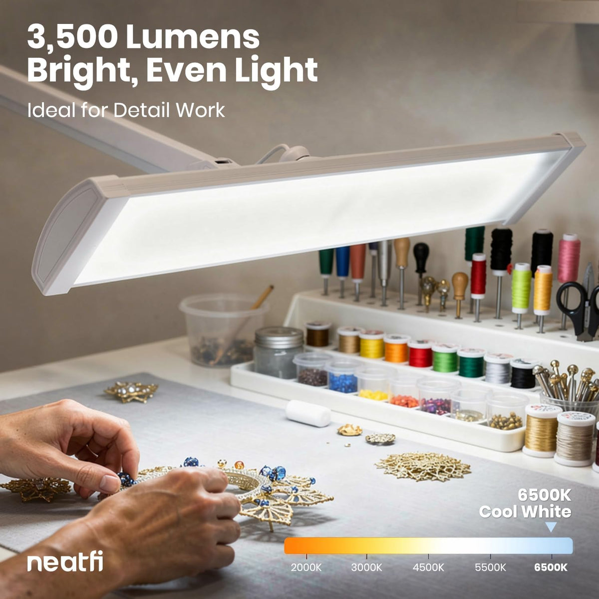 Neatfi Ultra 3,500 Lumens LED Desk Lamp with Clamp – 45W, 270 SMD LEDs, Shadow-Free | Adjustable Brightness | Task Light for Nail Tech, Crafts, Reading, Office & Workbench (White, 26-Inch Wide Shade)