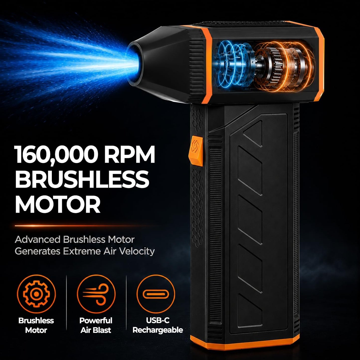 Electric Air Duster | 160,000 RPM Brushless Motor Jet Fan | Cordless Rechargeable Compressed Air Blower for PC, Keyboard, and Car Detailing (Black)