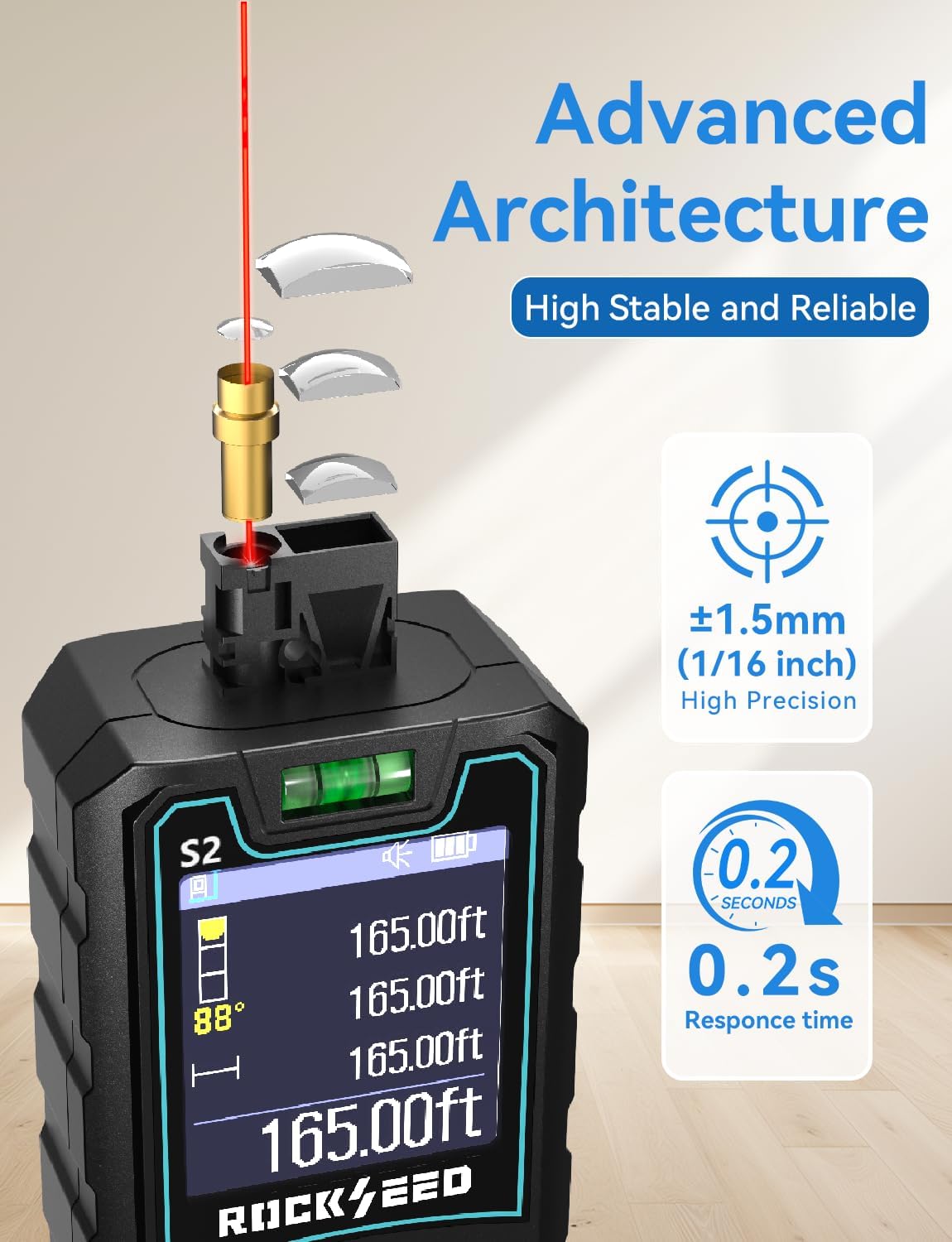 Laser Measuring Tool 165ft, RockSeed S2C Red Beam Laser Measure with Rotatable HD IPS Color Screen, 12 Measurement Modes, 3 Leveling Modes, 5 Units Switchable, for Stake Marking/Distance/Area/Volume