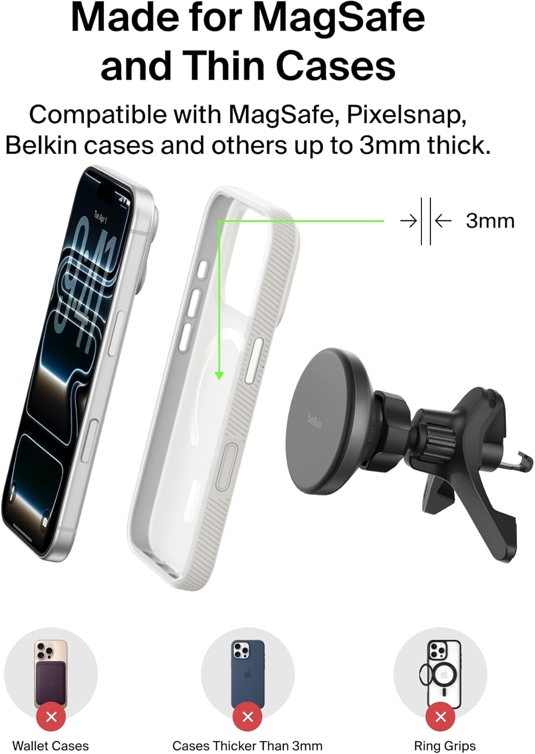 Belkin Qi2 15W Magnetic Wireless Vent Mount, Fast Charging Car Charger | MagSafe Compatible, iPhone 15/16/17, Samsung Galaxy S26, AirPods, iPads, MacBook, Chromebook, Car Phone Charger