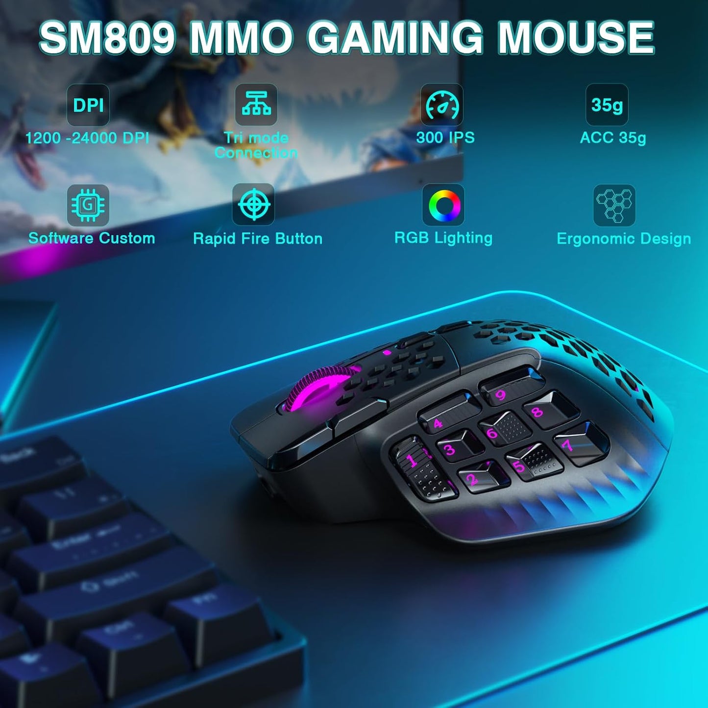 SOLAKAKA SM809 Pro MMO Gaming Mouse with 9 Side Buttons,24000 DPI RGB Mouse for Gamer,16 Programmable Macros MMO Mouse,Black