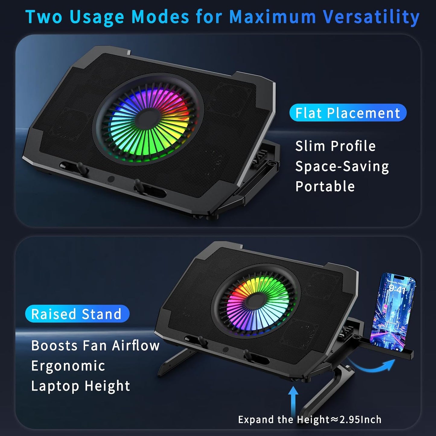 LP-2 Laptop Cooling Pad & Phone Holder, Dual-Mode Ergonomic Laptop Cooling Stand with 7 Adjustable Heights, 5 RGB High-Performance Quiet Laptop Fans, 2 USB Ports & 3 Speeds Laptop Cooler for 15–21Inch