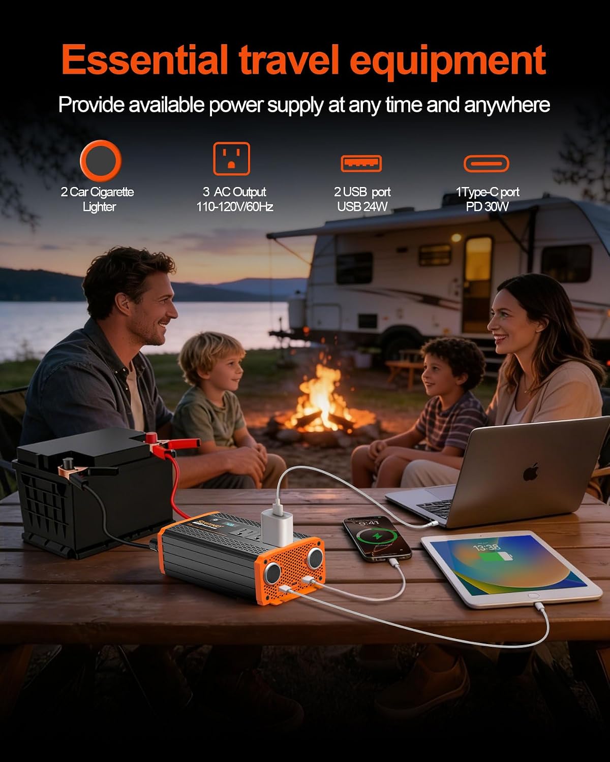 1000W Power Inverters for Vehicles,Car Inverter 12V to 110V/120V | 2 Cigarette lighter port,3 AC Output,2 USB port USB 24W,1 Type-C port PD 30W,Flameproof endosure,LED Display