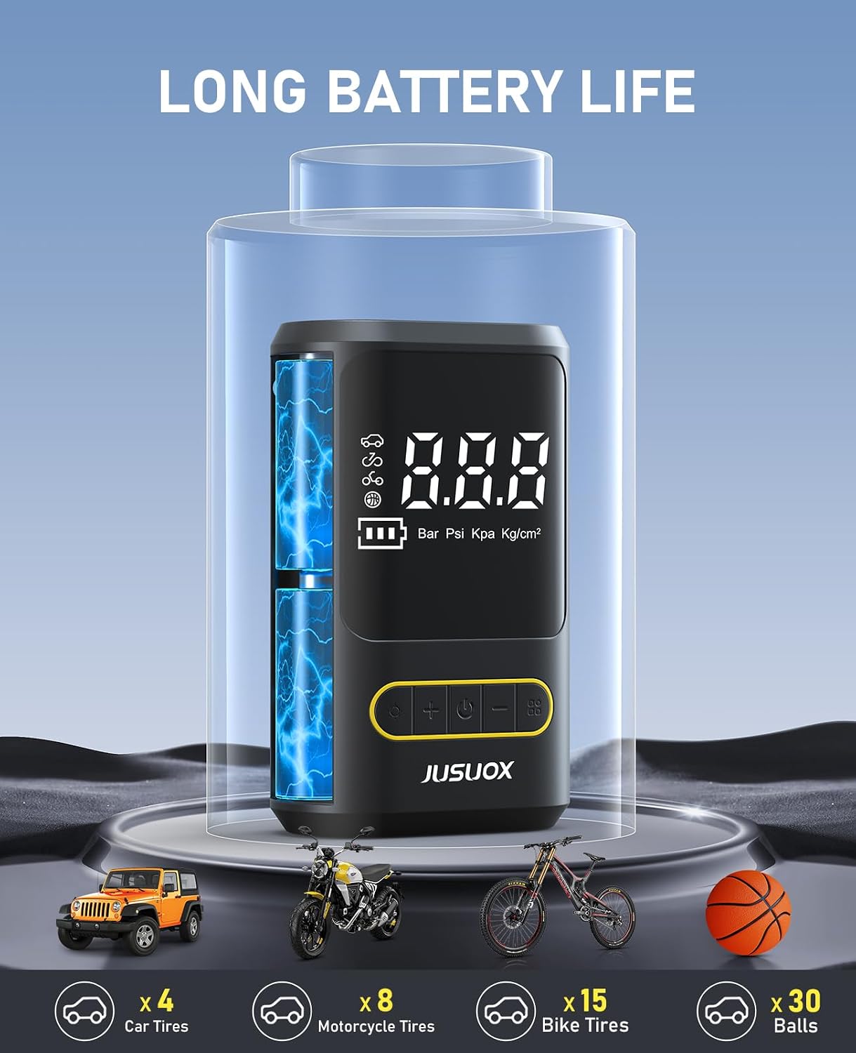 JUSUOX Tire Inflator Portable Air Compressor, 150PSI Cordless, Auto Off | Electric Bike Pump for Cars, Motorcycles & Balls, Features a Digital Pressure Gauge and LED Light for Emergencies