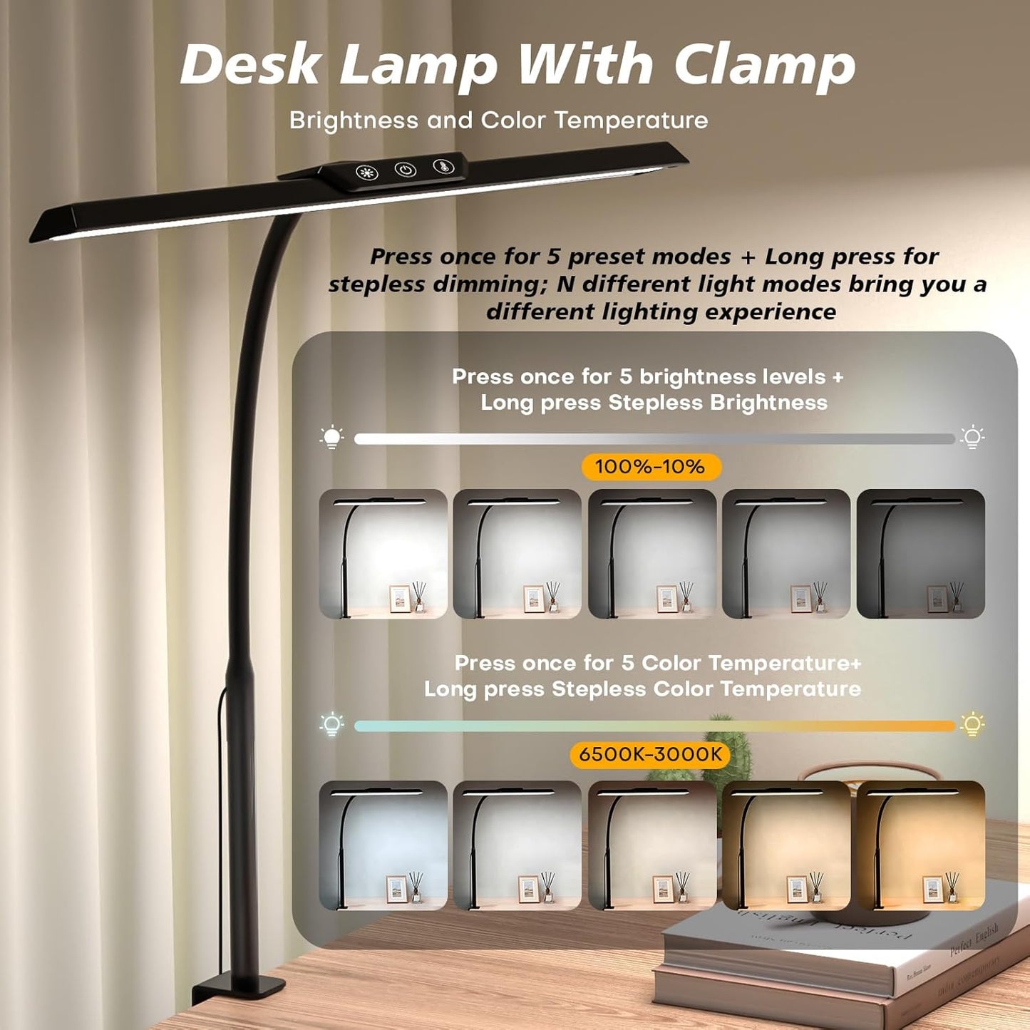 LED Desk Lamp for Office Home, Stepless Dimming Architect Desk Light with DC Adapter, Eye-Caring Desk Lamp with Clamp, 25 Lighting Modes Adjustable 12.8in Flexible Gooseneck for Workbench(Black)