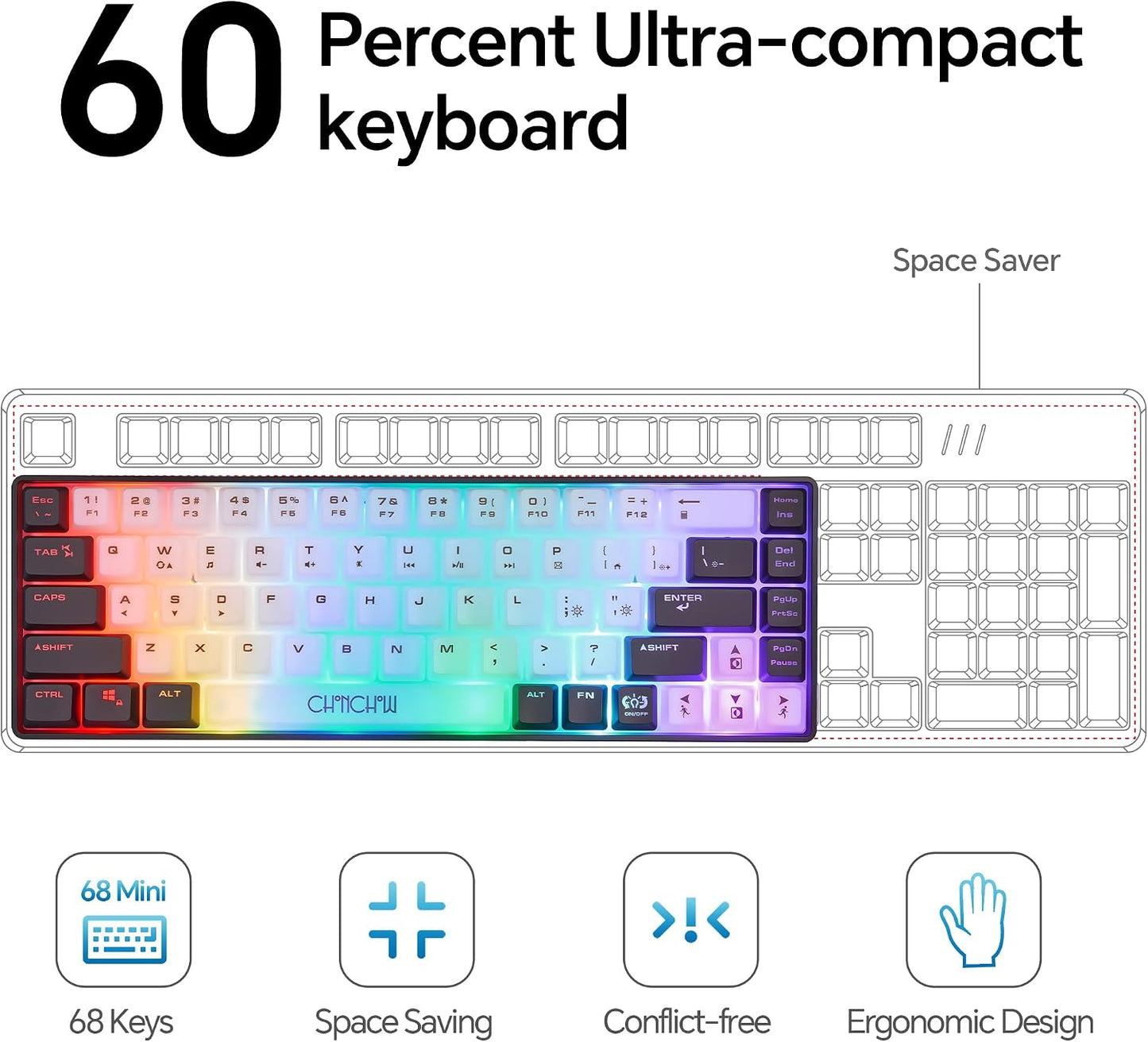 CHONCHOW Mini RGB 60% Gaming Keyboard, 68 Keys Small Compact | USB Wired Rainbow Light Up Backlit Gaming Keyboard for Xbox PS4 PS5 PC Laptop Gamer(White-Black)