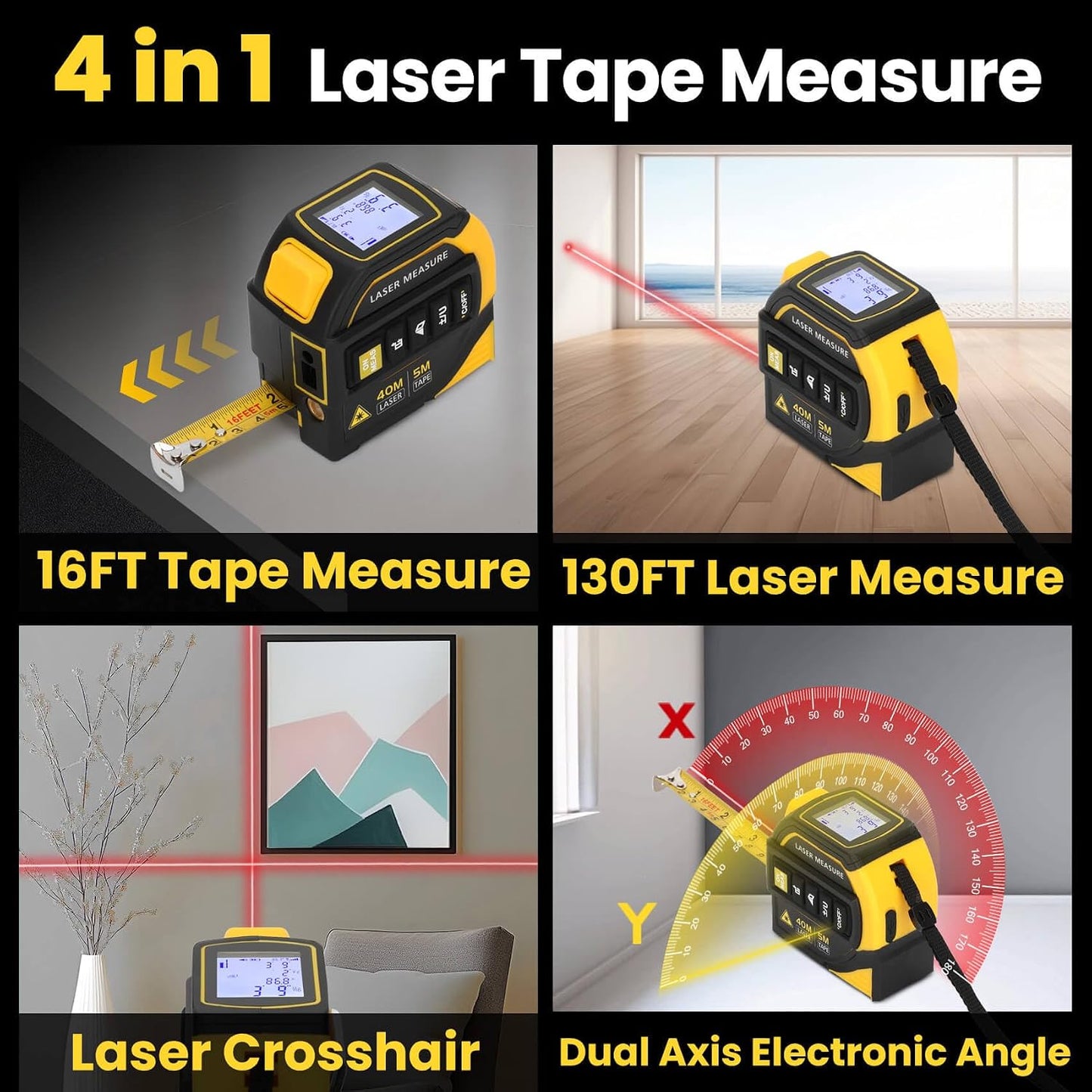 4-in-1 Laser Tape Measure with Level and Crosshairs, 16FT AutoLock Measuring Tape and 130FT Laser Measurement Tool with Large LCD Display, Area, Volume, Pythagorean, Cosine