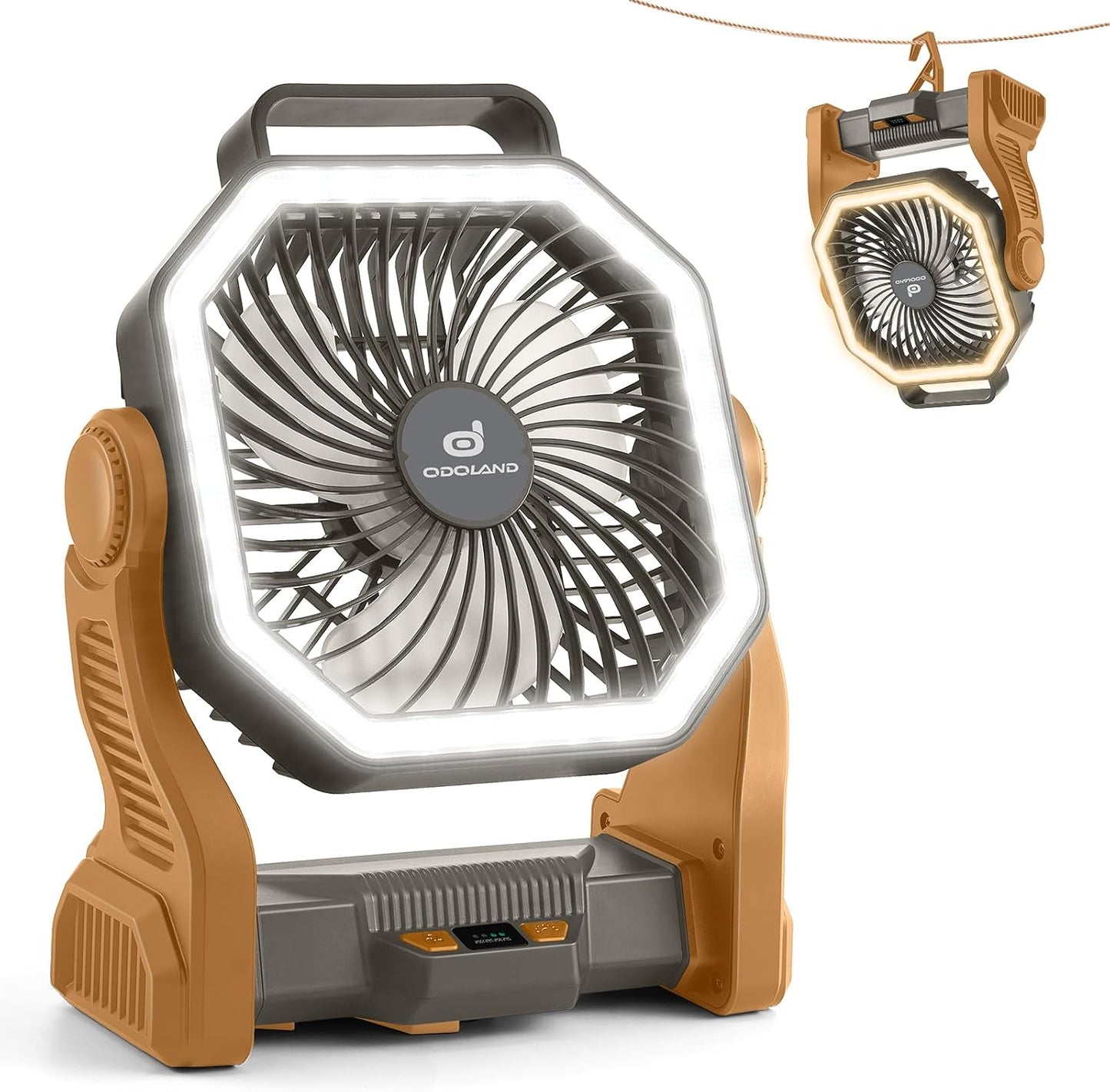 Odoland Portable Rechargeable Fan, 20000mAh Camping Fan with LED Lantern | 4-Speed Airflow & 3-Color Light Oscillating Fan with Hanging Hook for Tent Car Beach Hurricane Power Outage, Brown