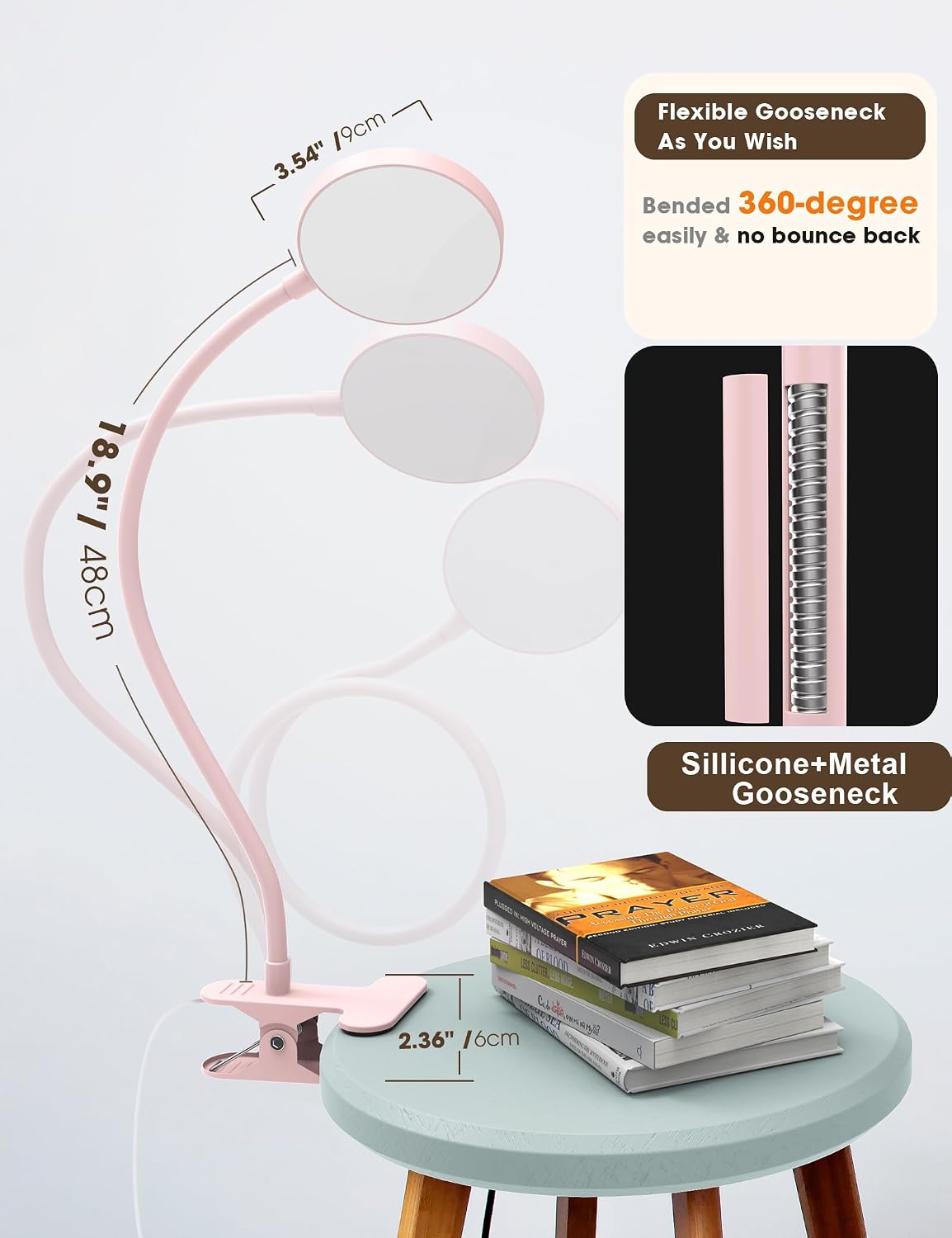 LiFMIRA Desk Lamp Clip on Light 8W 66 LED Reading Light for Bed Pink